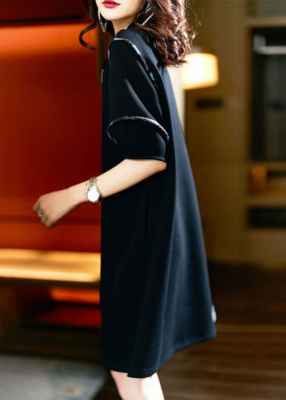 Black Zip Up Patchwork Cotton Mid Dresses Summer
