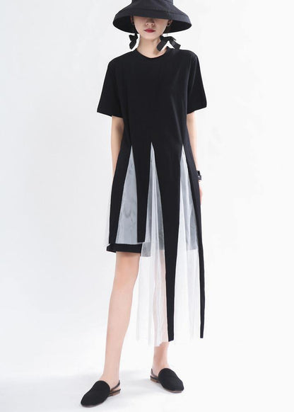 Black Asymmetrical Design Mid Summer Cotton Dress
