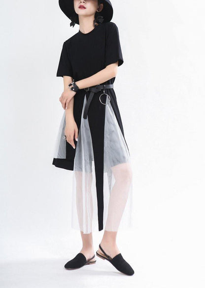 Black Asymmetrical Design Mid Summer Cotton Dress