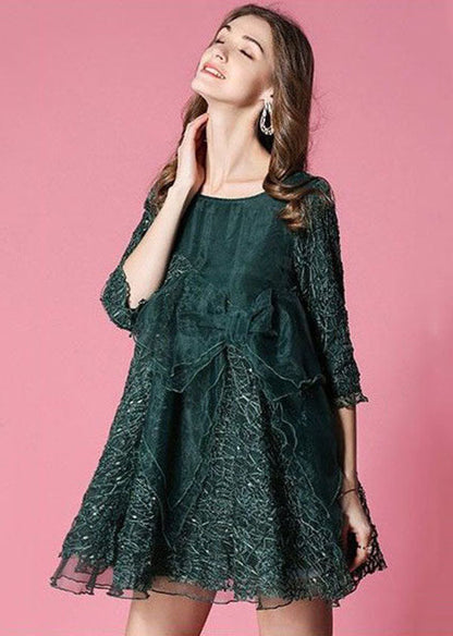 Blackish Green Bow Patchwork Organza Vacation Dress Half Sleeve