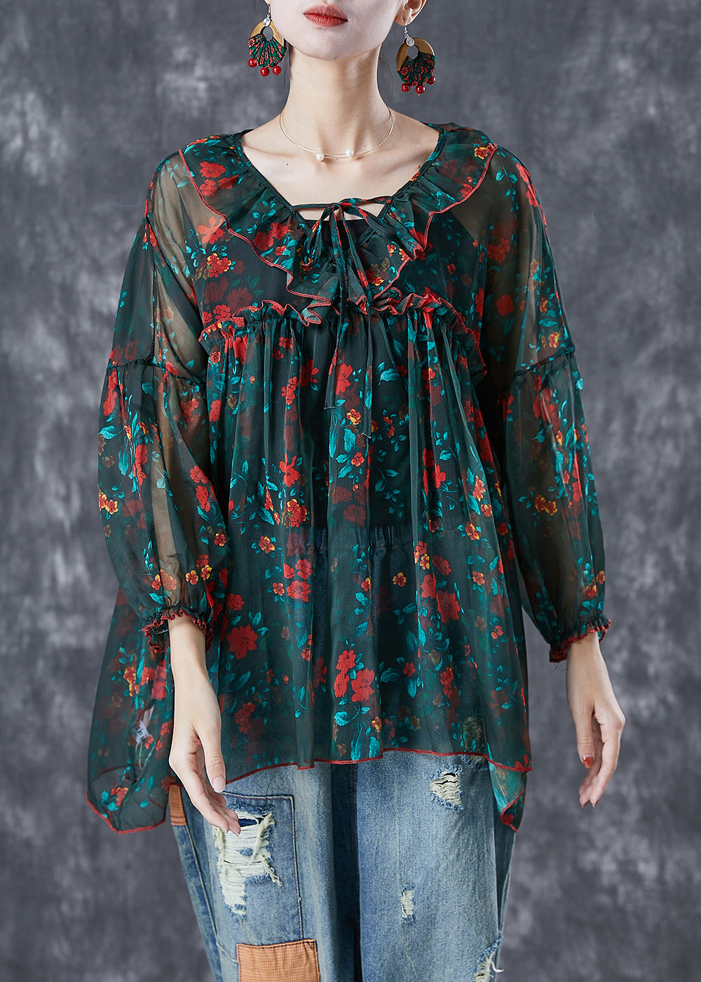 Blackish Green Ruffled Print Chiffon Blouses Summer
