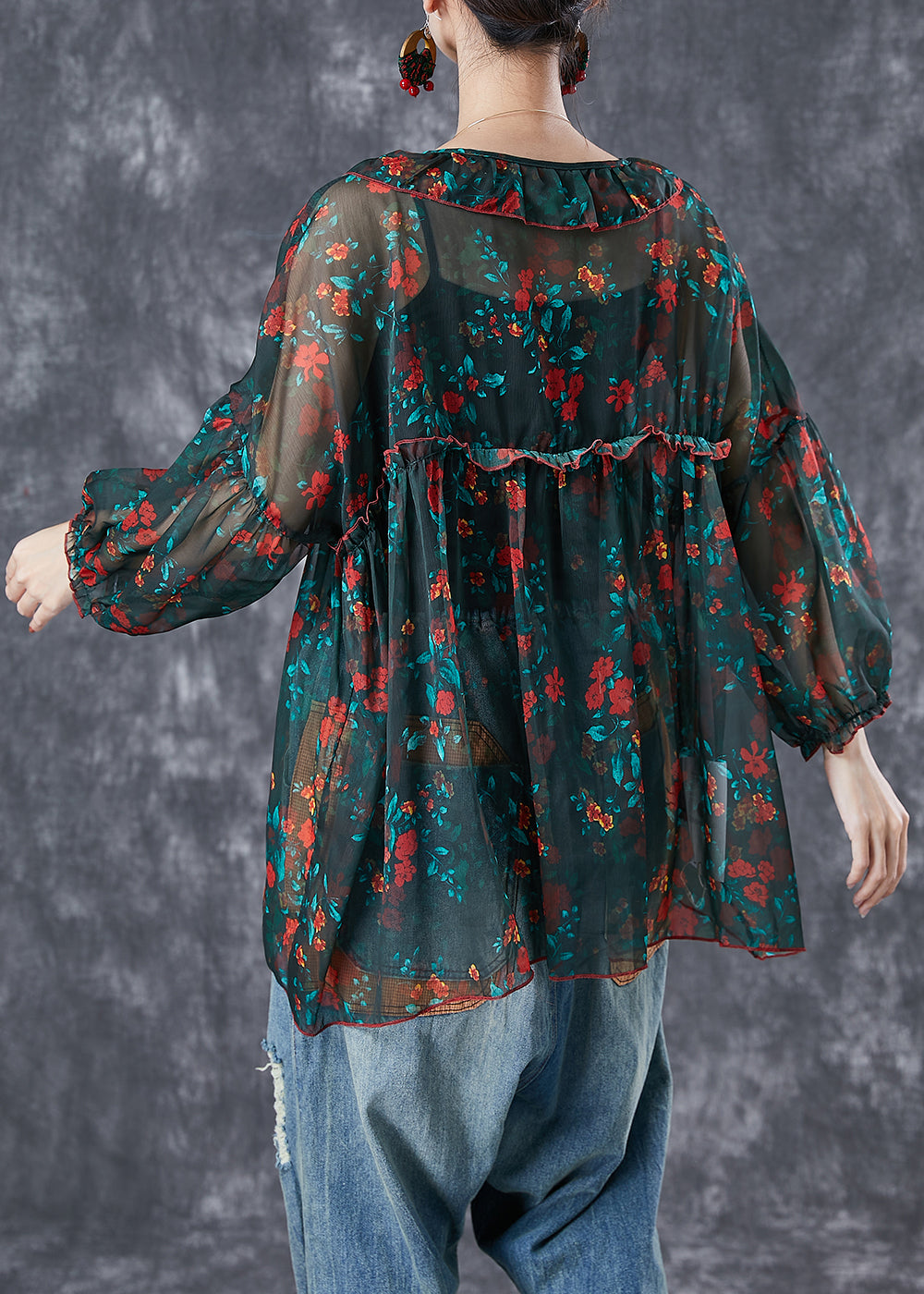 Blackish Green Ruffled Print Chiffon Blouses Summer