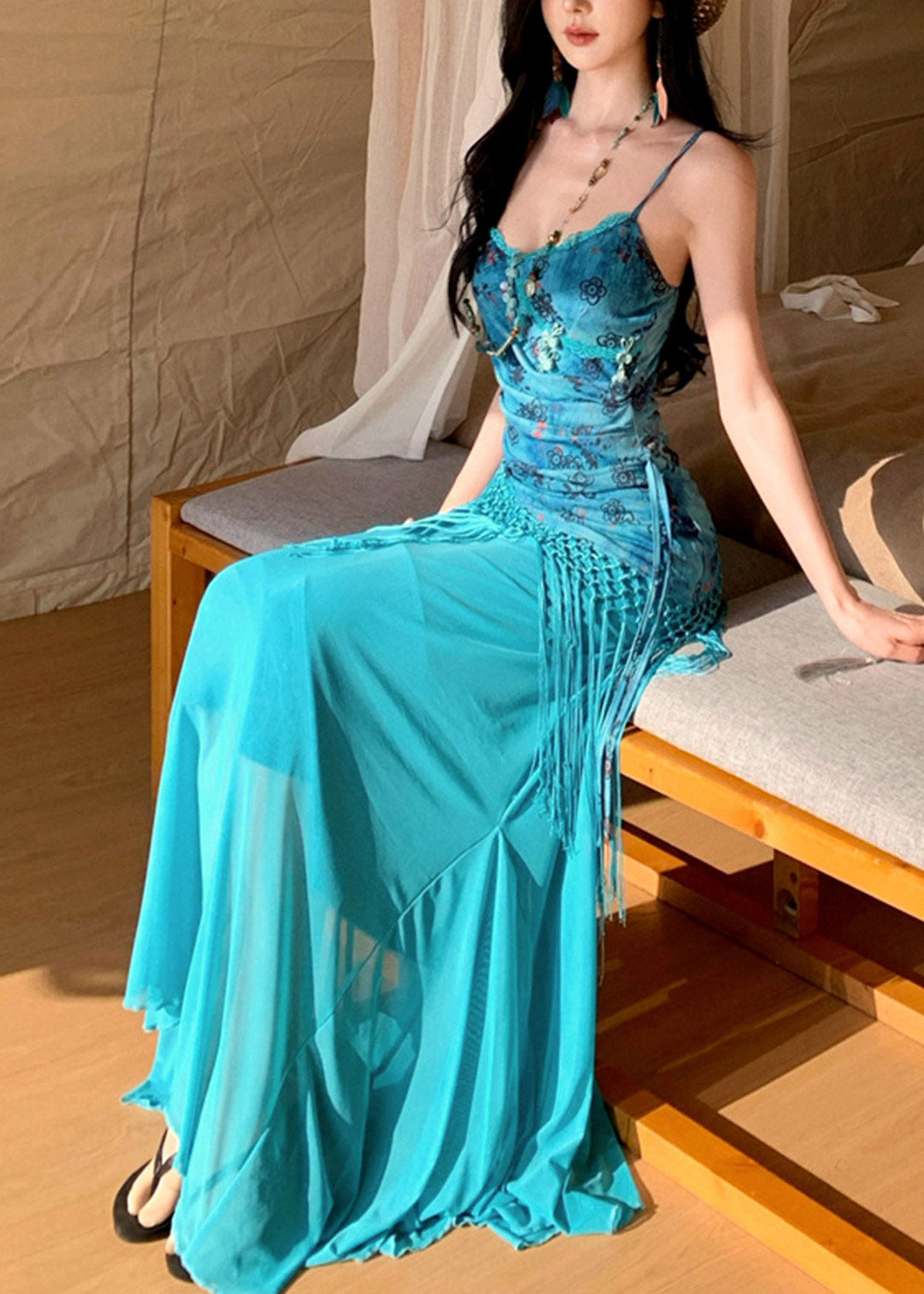 Blue Asymmetrical Patchwork Tassel Maxi Spaghetti Strap Dress Sleeveless