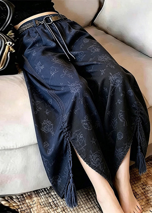 Blue Asymmetrical Print Side Open Wide Leg Pants