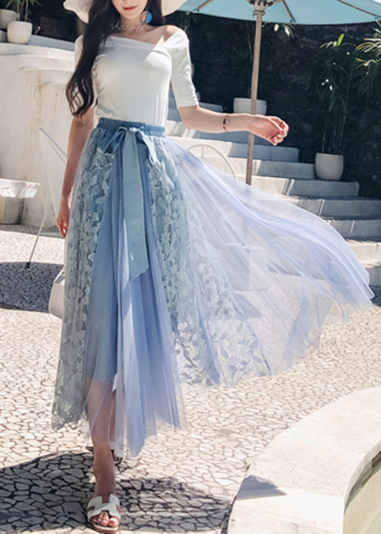 Blue Cinched Patchwork Tulle Skirts Spring