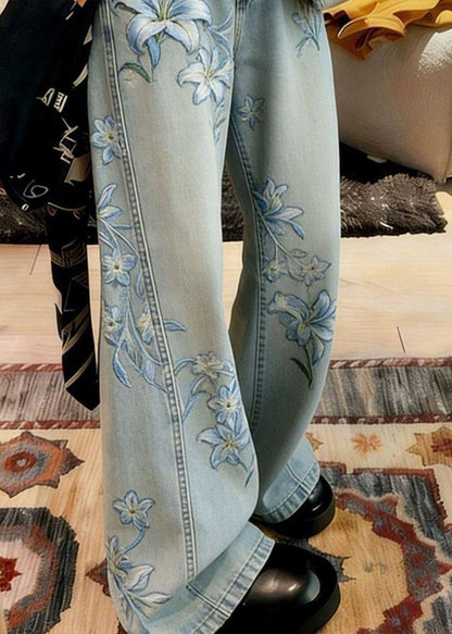 Blue Embroidered Denim Wide Leg Pants Spring