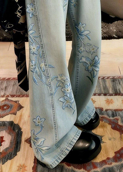 Blue Embroidered Denim Wide Leg Pants Spring