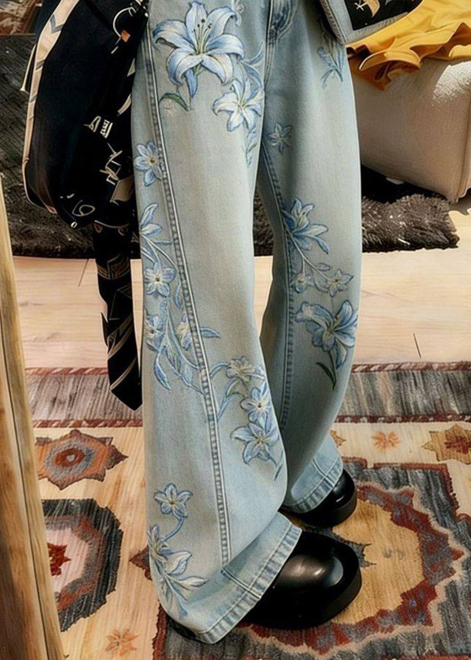 Blue Embroidered Denim Wide Leg Pants Spring