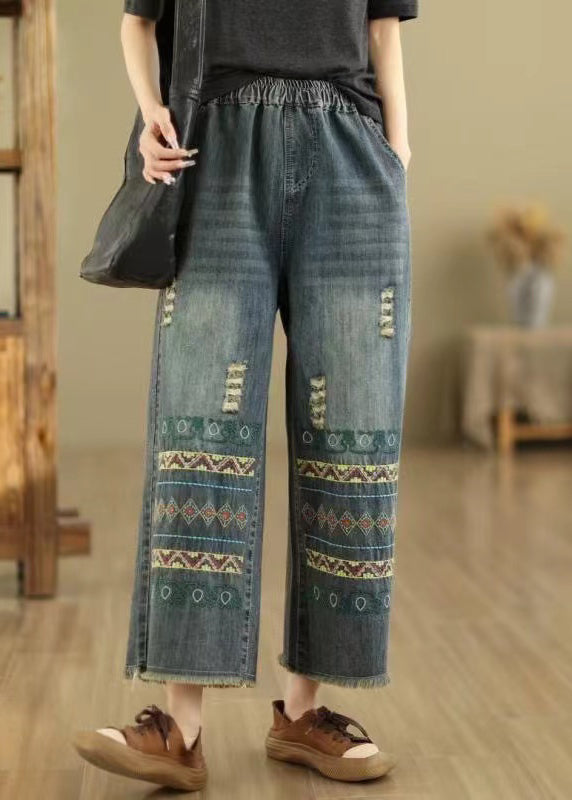 Blue Embroidered Pockets Denim Wide Leg Pants Spring