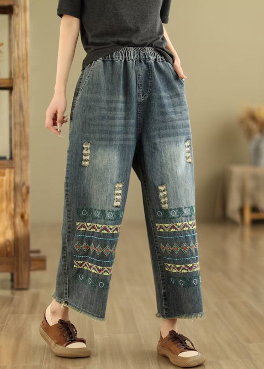 Blue Embroidered Pockets Denim Wide Leg Pants Spring