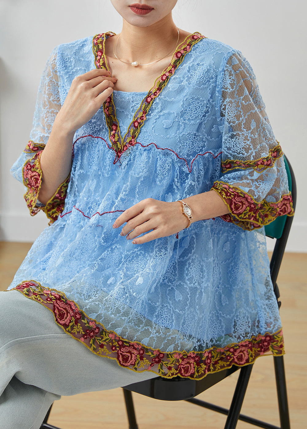 Blue Embroidered Ruffled Lace Shirt Summer