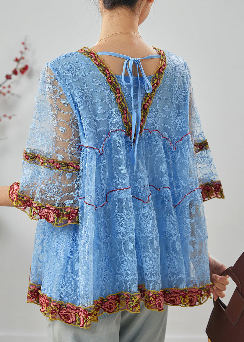 Blue Embroidered Ruffled Lace Shirt Summer