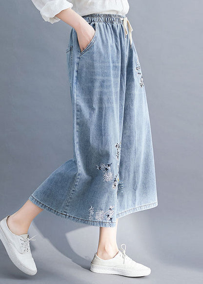 Blue Embroideried Pockets Patchwork Denim Wide Leg Pants Summer