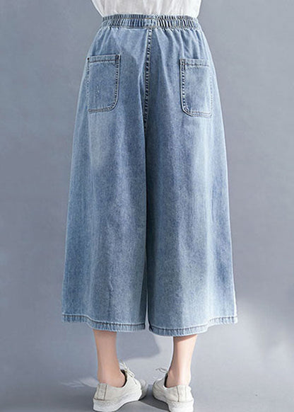 Blue Embroideried Pockets Patchwork Denim Wide Leg Pants Summer