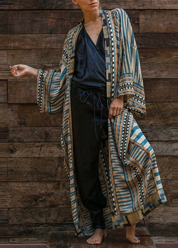 Blue Geometric Print Long Sleeve Kimono Robe Mid Summer Cotton