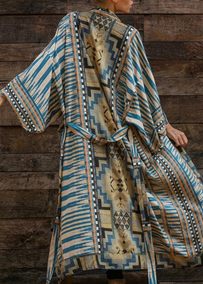 Blue Geometric Print Long Sleeve Kimono Robe Mid Summer Cotton
