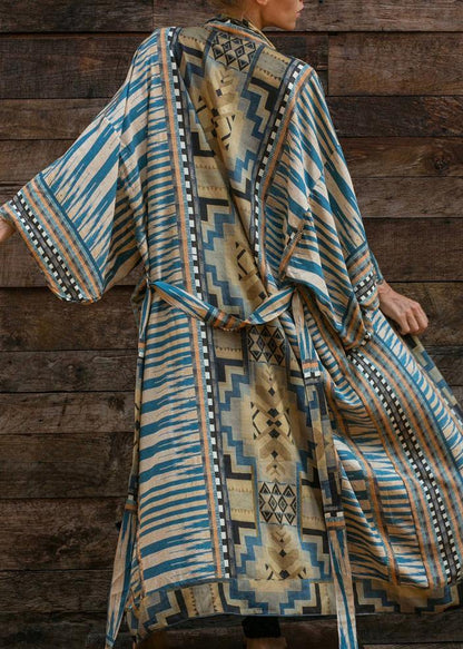 Blue Geometric Print Long Sleeve Kimono Robe Mid Summer Cotton