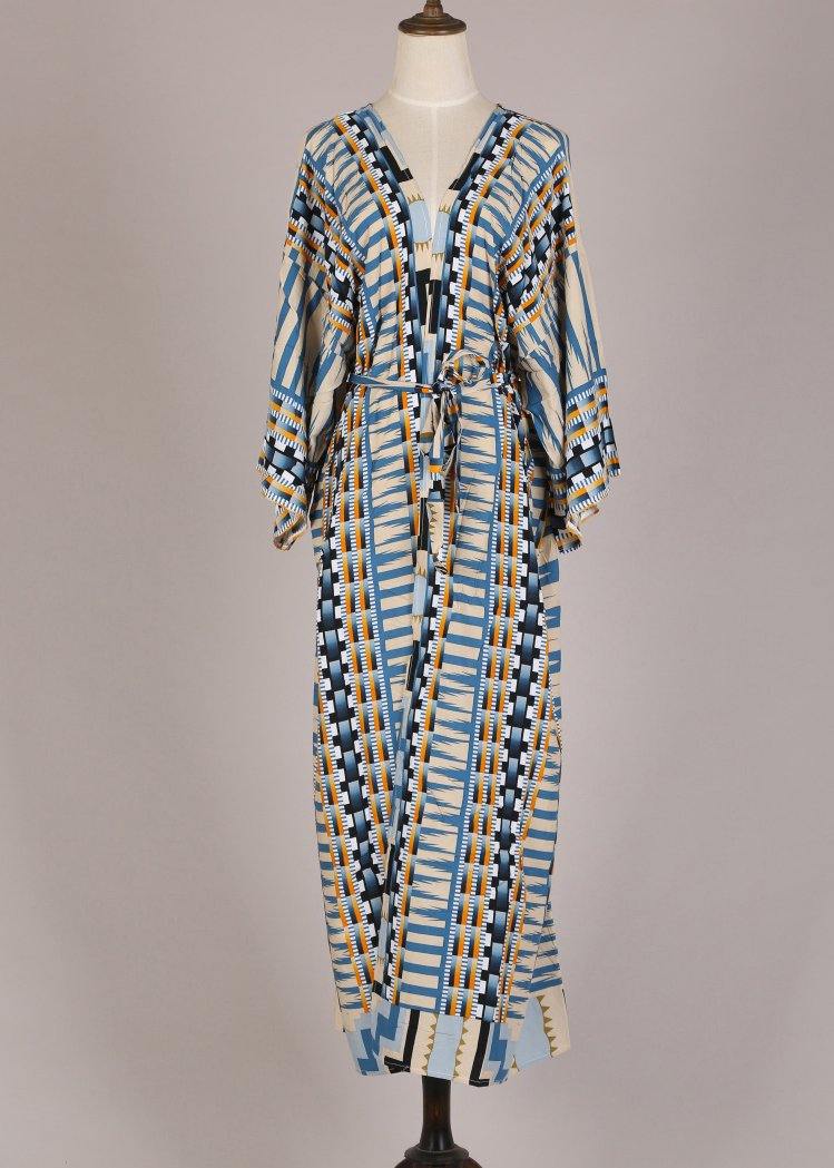 Blue Geometric Print Long Sleeve Kimono Robe Mid Summer Cotton