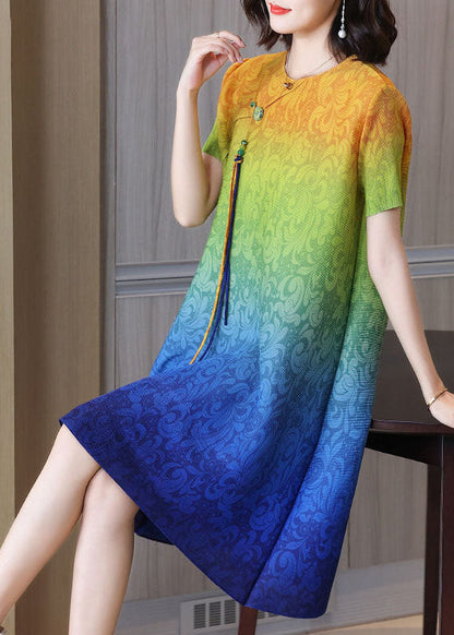 Blue Gradient Color O-neck Tassel Wrinkled Silk Dresses Short Sleeve