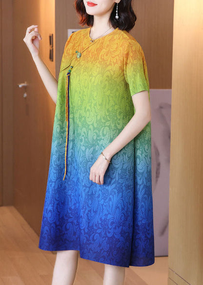 Blue Gradient Color O-neck Tassel Wrinkled Silk Dresses Short Sleeve
