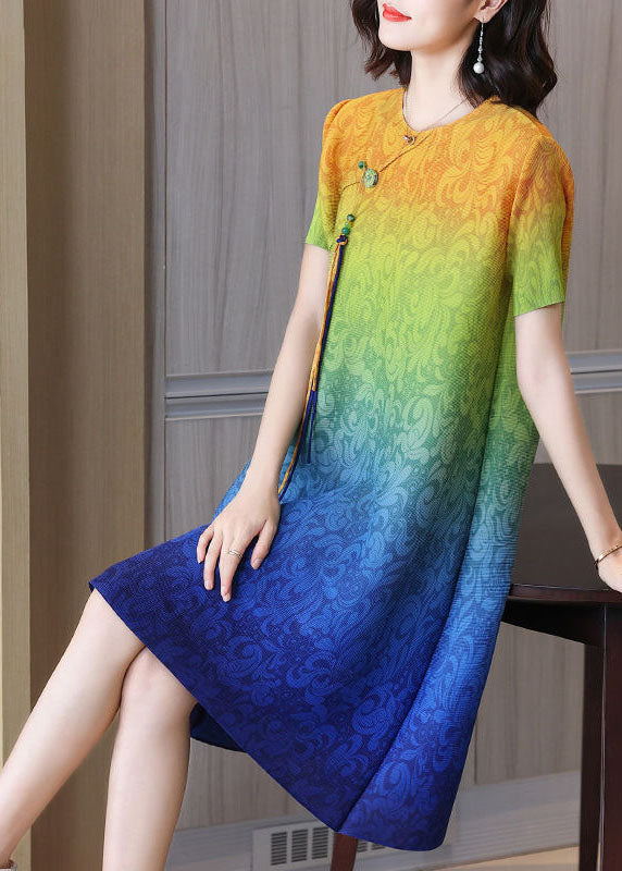 Blue Gradient Color O-neck Tassel Wrinkled Silk Dresses Short Sleeve