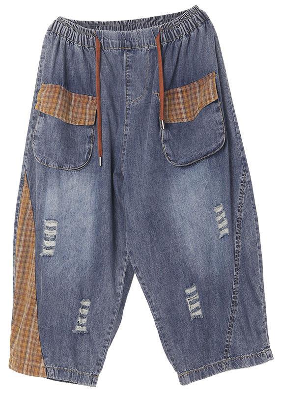 Blue High Waist Pockets Summer Denim Pants