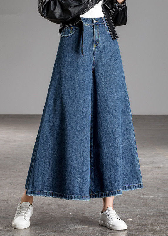 Blue High Waist Pockets Wide Leg Fall Denim Pants
