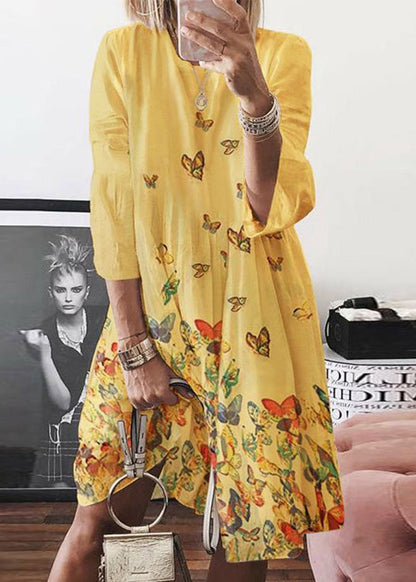 Blue O Neck Butterfly Print Cotton Mid Dress Summer