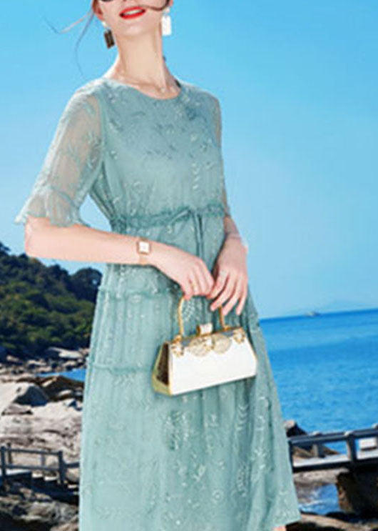 Blue O-neck Embroideried Ruffled Tie Waist Silk Dress Summer