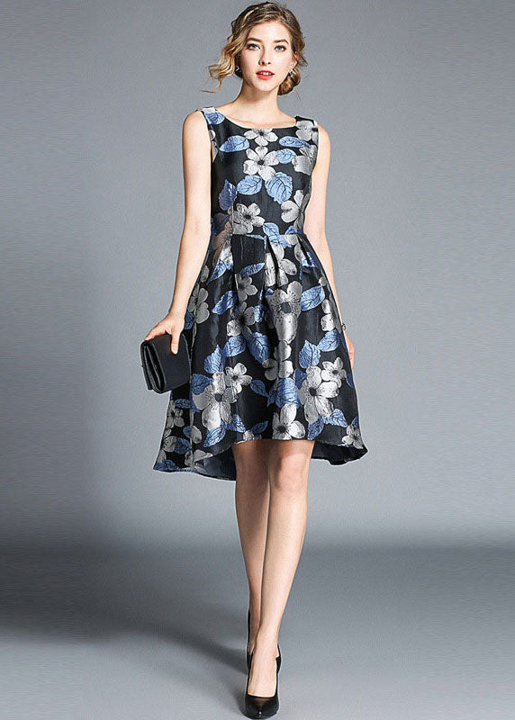 Blue O Neck Jacquard Patchwork Cotton Mid Dress Sleeveless