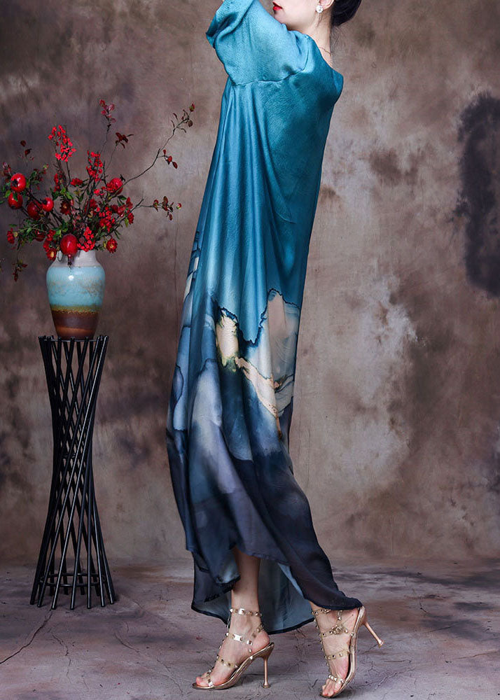 Blue O-neck Layered Design Print Silk Dresses for Bracelet Sleeve