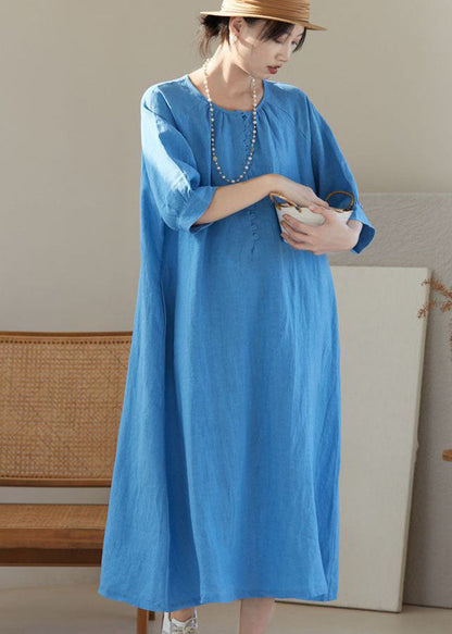Blue O Neck Patchwork Linen Dresses Bracelet Sleeve