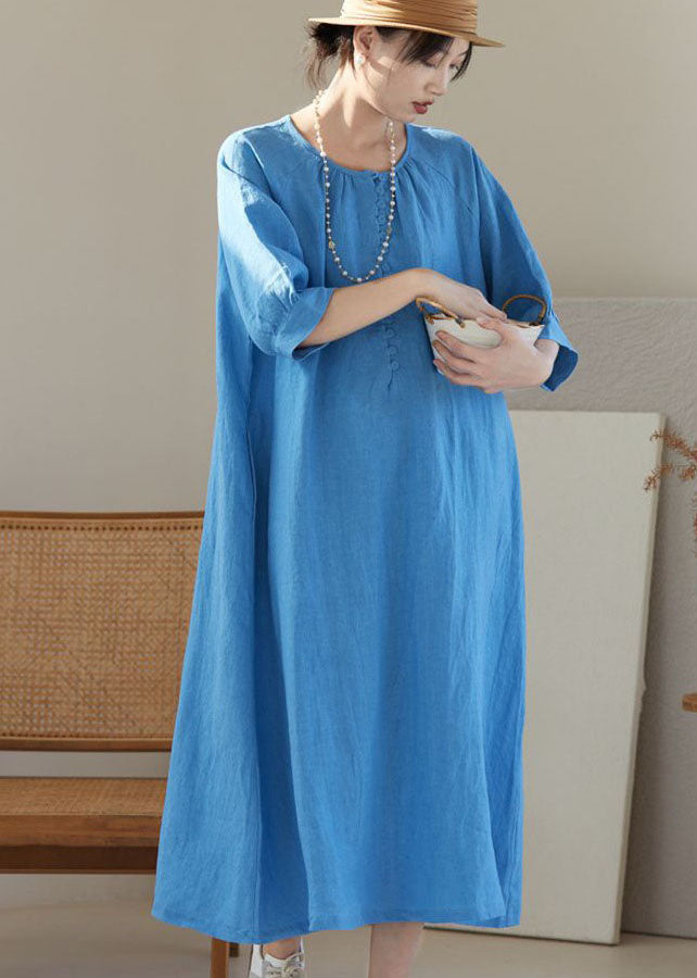 Blue O Neck Patchwork Linen Dresses Bracelet Sleeve