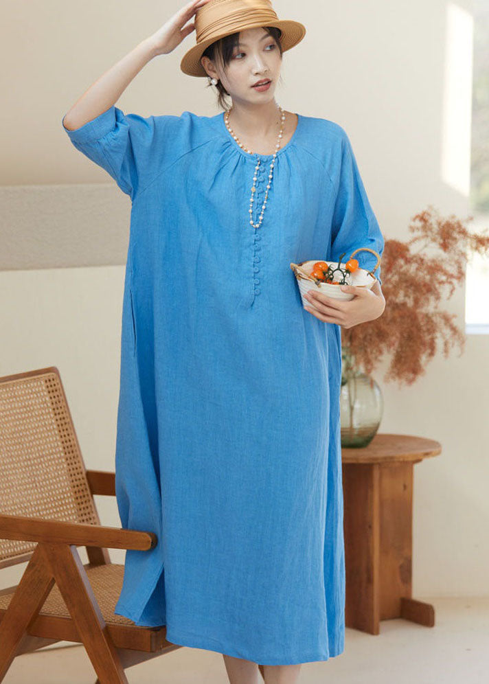 Blue O Neck Patchwork Linen Dresses Bracelet Sleeve