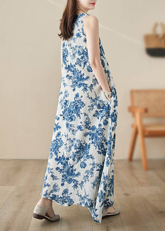 Blue O-neck Print Long Dress Summer