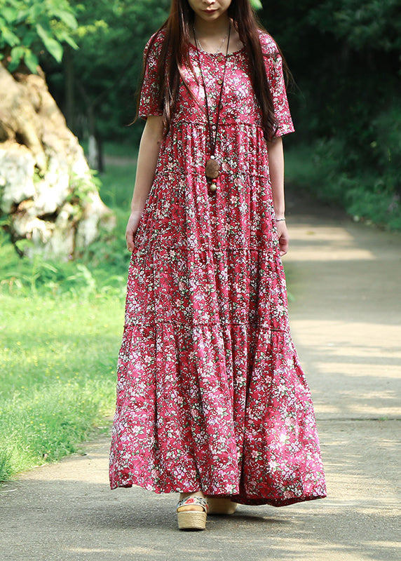 Blue O Neck Print Patchwork Cotton Maxi Dress Summer