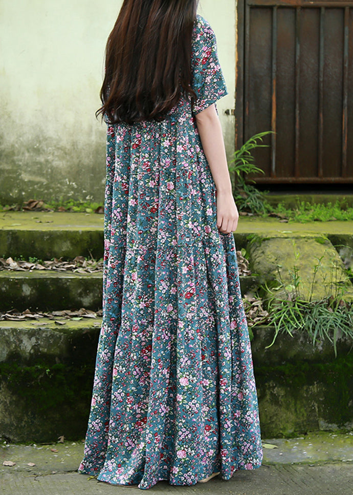 Blue O Neck Print Patchwork Cotton Maxi Dress Summer