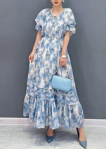 Blue O-neck Ruffled Patchwork Print Chiffon Maxi Dresses Summer
