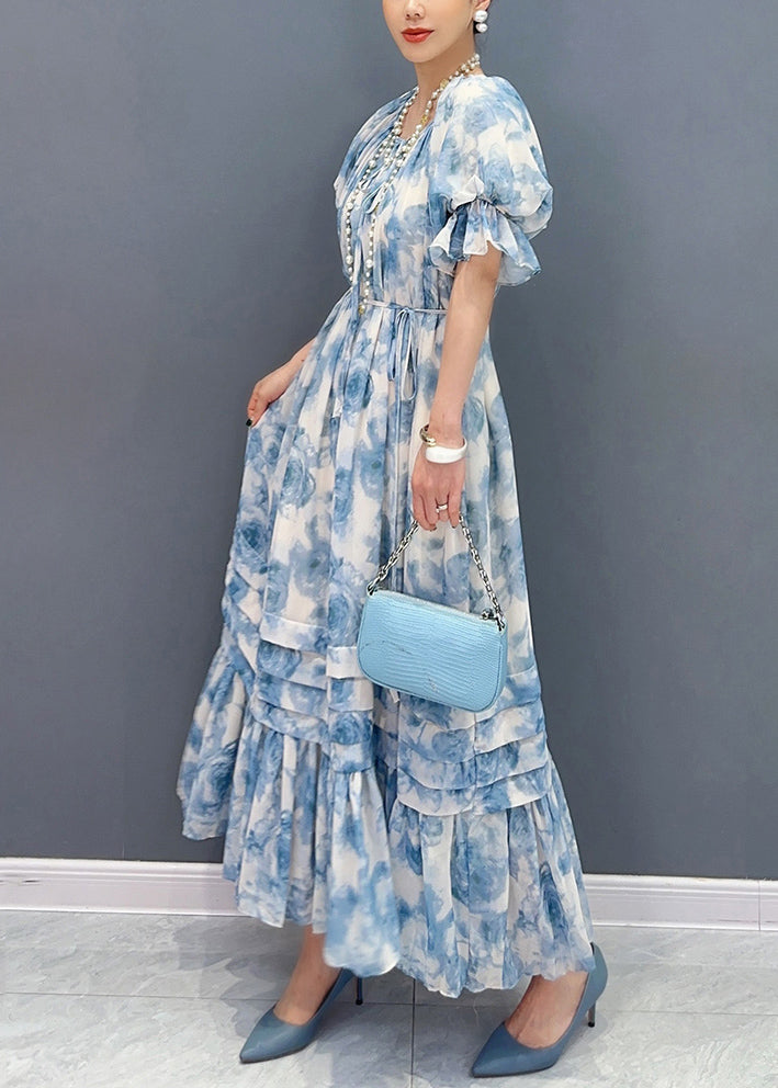 Blue O-neck Ruffled Patchwork Print Chiffon Maxi Dresses Summer