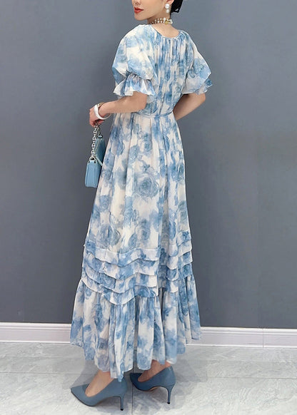 Blue O-neck Ruffled Patchwork Print Chiffon Maxi Dresses Summer