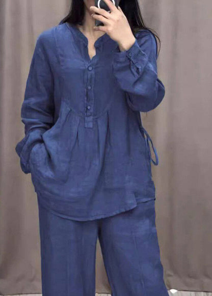 Blue O-neck Shirts and Wide Leg Pants Two Pieces Set Spring
