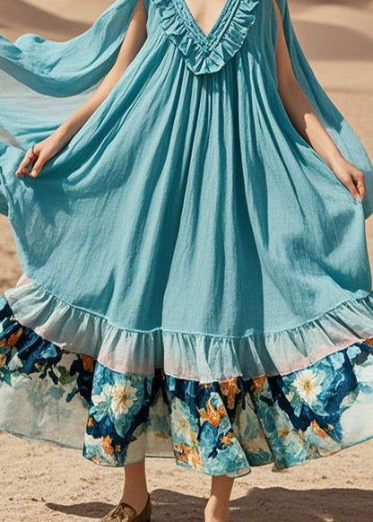 Blue Oversized Patchwork Cotton Maxi Dress Summer