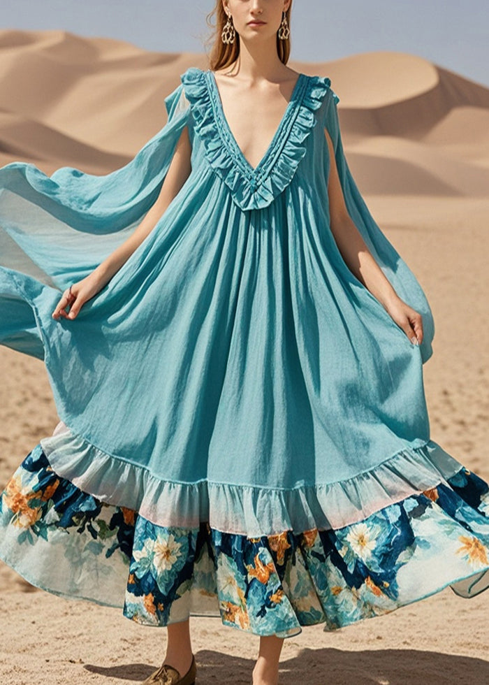 Blue Oversized Patchwork Cotton Maxi Dress Summer