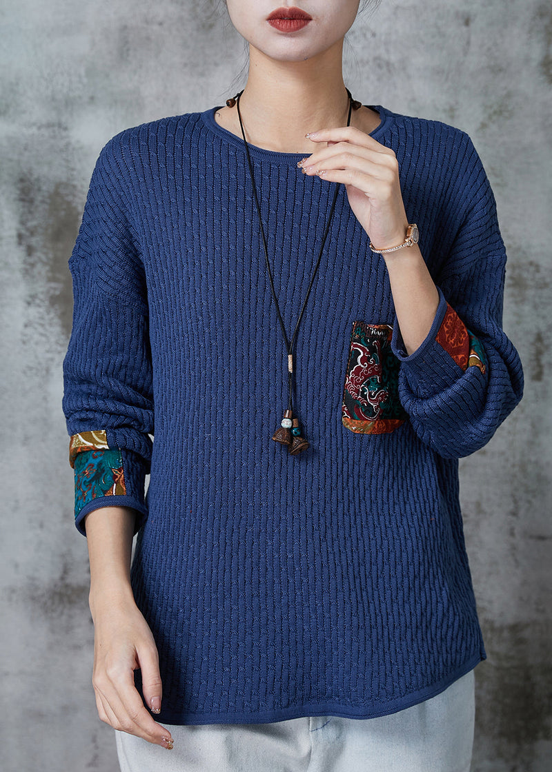 Blue Oversized Patchwork Pocket Knit Sweater Spring