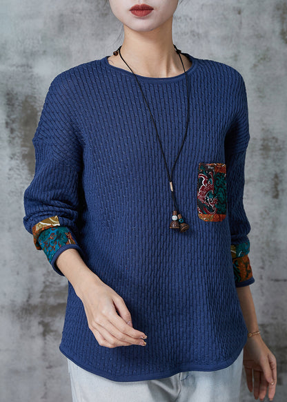 Blue Oversized Patchwork Pocket Knit Sweater Spring