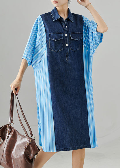 Blue Oversized Patchwork Striped Denim Dresses Summer