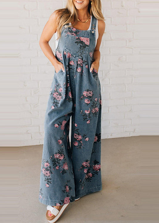 Blue Oversized Print Denim Jumpsuits Spring