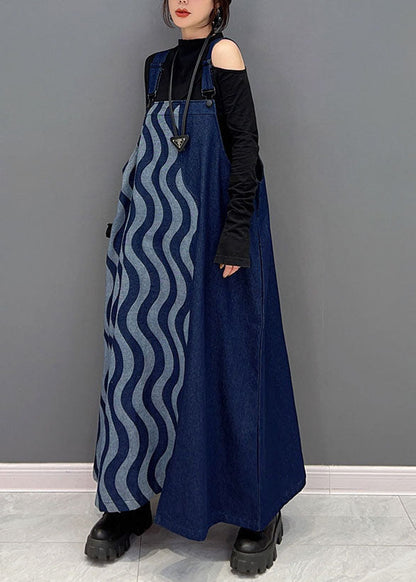 Blue Patchwork Cotton Denim Strap Dresses Spring