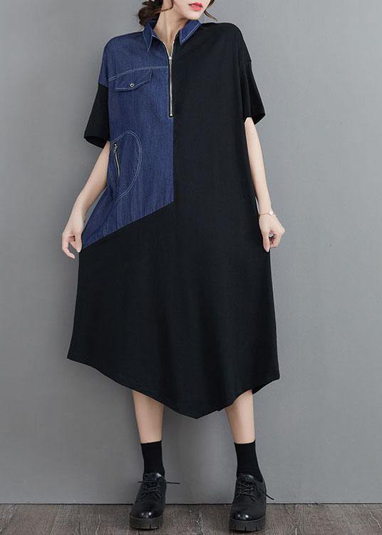 Blue Patchwork Zippered Maxi Summer Cotton Dress
