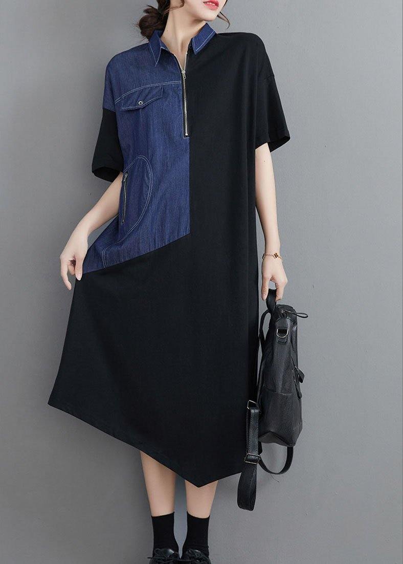 Blue Patchwork Zippered Maxi Summer Cotton Dress